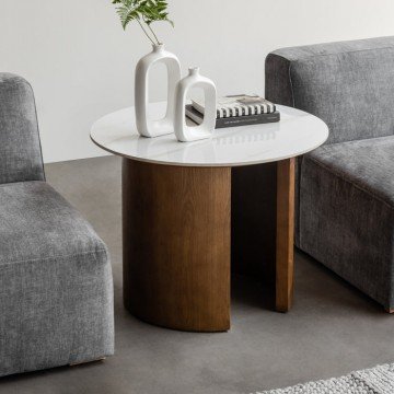 SOREN שולחן סלון עגול בשילוב עץ אלון מלא ופלטת קרמיקה בגימור שיש