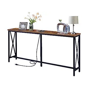 SUPERJARE 70 Inch Console Table with 2 Outlet and 2 USB Ports, Extra Long Entryway Table with Metal Frame and X-Shaped Design, Narrow Sofa Table for Living Room and Hallway - Vintage Brown