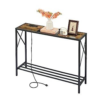 Tajsoon Console Table with Charging Station, Industrial entryway Table, Narrow Sofa Table with Shelves, Entrance Table for Entryway, Hallway, Living Room, Foyer, Office, Rustic Brown & Black