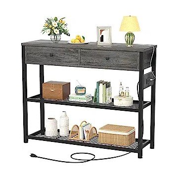 Ecoprsio Entryway Table with Outlets and USB Ports, Console Table with 2 Drawers, Sofa Table Narrow Long with Storage Shelves for Living Room, Couch, Hallway, Foyer, Kitchen Counter, 32'', Grey