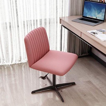 Armless Office Desk Chair no Wheels, Criss Cross Legged Home Office Chair, Wide Padded Swivel Vanity Chair,120°Rocking Mid Back Ergonomic Computer Task Chair for Make Up, Small Space (Pink+Flannel)