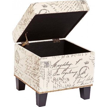 FIRST HILL FHW Elaina Square Fabric Storage Ottoman with Script-Style Pattern - Neutral Beige