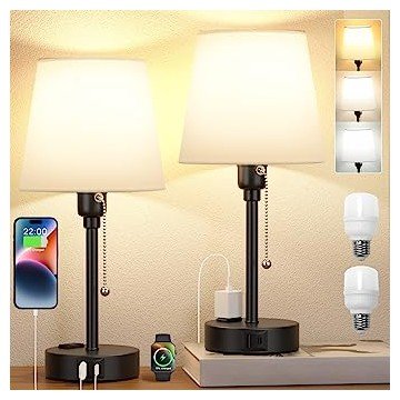 Bedside Lamps for Bedrooms Set of 2 Nightstand - Table Lamp with 3 Color Modes 2700K-5000K, Small Lamp with USB C+A Charging Port and AC Outlet, White Lamp for Side Table, Mini Bed Side Lamp for Kids