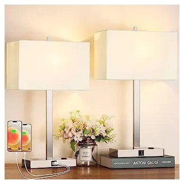 【Upgraded】21" Set of 2 Bedside Touch Control Table Lamp with USB A+C Charging Ports & AC Outlet, 3-Way Dimmable Modern Nightstand Lamp With White Shade for Bedroom, 2700K LED Bulbs Included