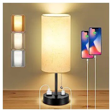 Dott Arts Table Lamp for Bedroom, 3-Color Bedside Lamps with Pull Chain, Bedroom Table Lamps with USB Port & AC Outlet, Nightstand Lamps for Living Room, Bulb Included, Fabric Linen Lamp Shade