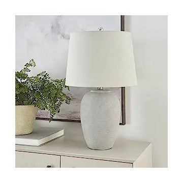 Nourison 23" Grey Vintage Distressed Ceramic Pot Table Lamp for Bedroom, Living Room, End Table, with Grey Tapered Drum Shade