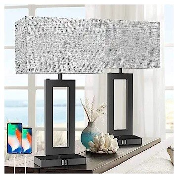 MoMyofdy 22’’ Set of 2 Touch Control Table Lamp w. 2 USB Ports, 3-Way Dimmable Modern Bedroom Bedside Touch Lamps w. Fabric Gray Shade for Living Room End Table Nightstand Reading, LED Bulbs Included