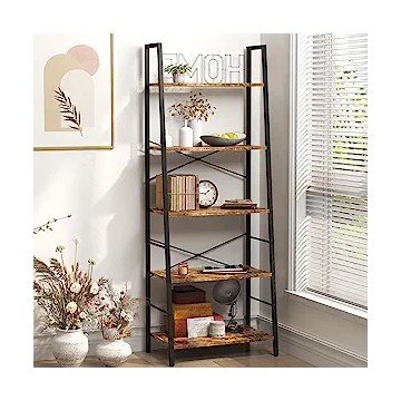 Yusong Bookshelf, Ladder Shelf 5-Tier Bookcase for Bedroom, Industrial Book Shelves Storage Rack with Metal Frame for Home Office, Rustic Brown