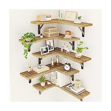 Fixwal Corner Floating Shelves, Wall Mounted Corner Shelf Set of 5, Rustic Wood Wall Shelves for Bathroom, Kitchen, Bedroom or Living Room (Carbonized Black)