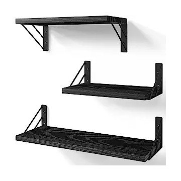 BAYKA Wall Shelves for Bedroom Decor, Floating Wall Shelves for Living Room Kitchen Storage, Wall Mounted Rustic Wood Floating Shelves for Kids Books, Small Shelf for Bathroom(Black，Set of 3)