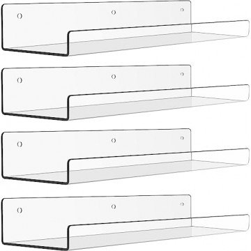upsimples Clear Acrylic Shelves for Storage, 15" Floating Shelves Wall Mounted for Kids Bookshelf/Display Ledge Shelves for Bedroom, Living Room, Bathroom, Kitchen, Set of 4