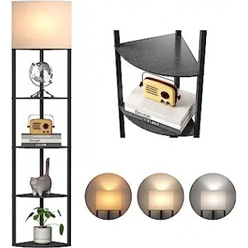 Meisoda 5-Tier Floor Lamp with Shelves, Standing Lamp with 4 Tier Wood Display Shelves and Linen Lampshade, 3 Color Temperatures Dimmable LED Floor Lamps for Living Room, Bedroom and Office
