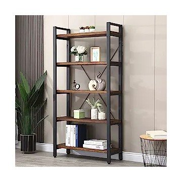 WH-AOERPUMY 5 Tier Bookcase, Solid Wood Bookshelf Rustic Vintage Industrial Etagere Bookcase, Metal and Wood Free Vintage Bookshelf, Retro Brown (Real Wood) (5-Tier)