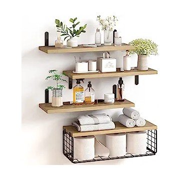 Fixwal 4+1 Tier Floating Shelves, Rustic Wood Wall Shelf, Bathroom Shelves Over Toilet with Wire Storage Basket, Farmhouse Wall Decor for Bedroom, Kitchen, Living Room and Plants (Rustic Brown)