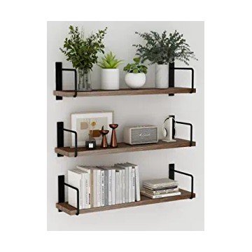 EALLRINEC Floating Shelves, 24 Inches Easy to Install Wall Mounted Shelves, Wall Shelves Set of 3, Rustic Wood Shelves for Wall Décor, Storage Shelves for Living Room (Brown)