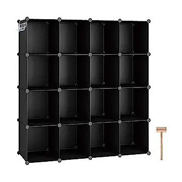 C&AHOME Cube Storage Organizer, 16-Cube Shelves Units, Closet Cabinet, DIY Plastic Modular Bookshelf, Bookcase, Storage Cubes Ideal for Bedroom, Living Room, 48.4" L × 12.4" W × 48.4" H Black SUM3016H