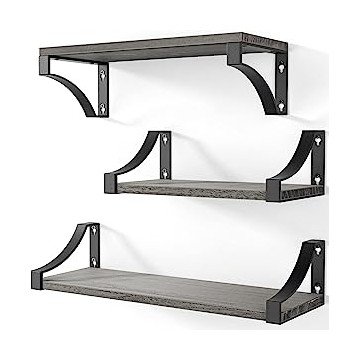 AMADA HOMEFURNISHING Floating Shelves Set of 3 with Heavy Duty Metal Frame, Hold up to 55lbs, Rustic Wood Wall Shelves for Bedroom, Bathroom, Living Room, Kitchen, Storage & Decoration, Gray